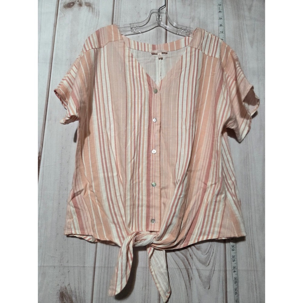 Striped Tie-Front Button Down Top,‎ Linen Blend Short Sleeve Peach, White, Large
